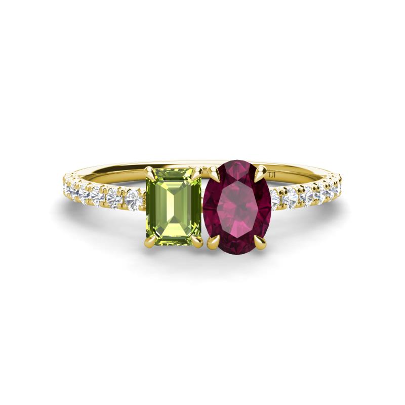 Galina 7x5 mm Emerald Cut Peridot and 8x6 mm Oval Rhodolite Garnet 2 Stone Duo Ring 