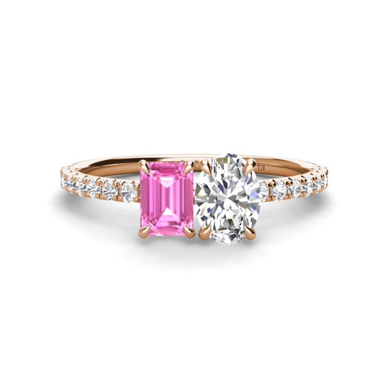 Galina 7x5 mm Emerald Cut Pink Sapphire and 8x6 mm Oval Forever One Moissanite 2 Stone Duo Ring 