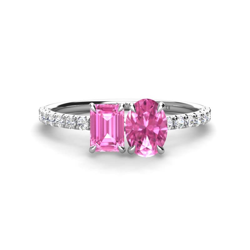 Galina 7x5 mm Emerald Cut and 8x6 mm Oval Pink Sapphire 2 Stone Duo Ring 