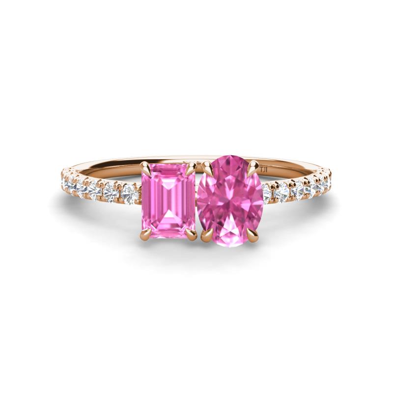 Galina 7x5 mm Emerald Cut and 8x6 mm Oval Pink Sapphire 2 Stone Duo Ring 