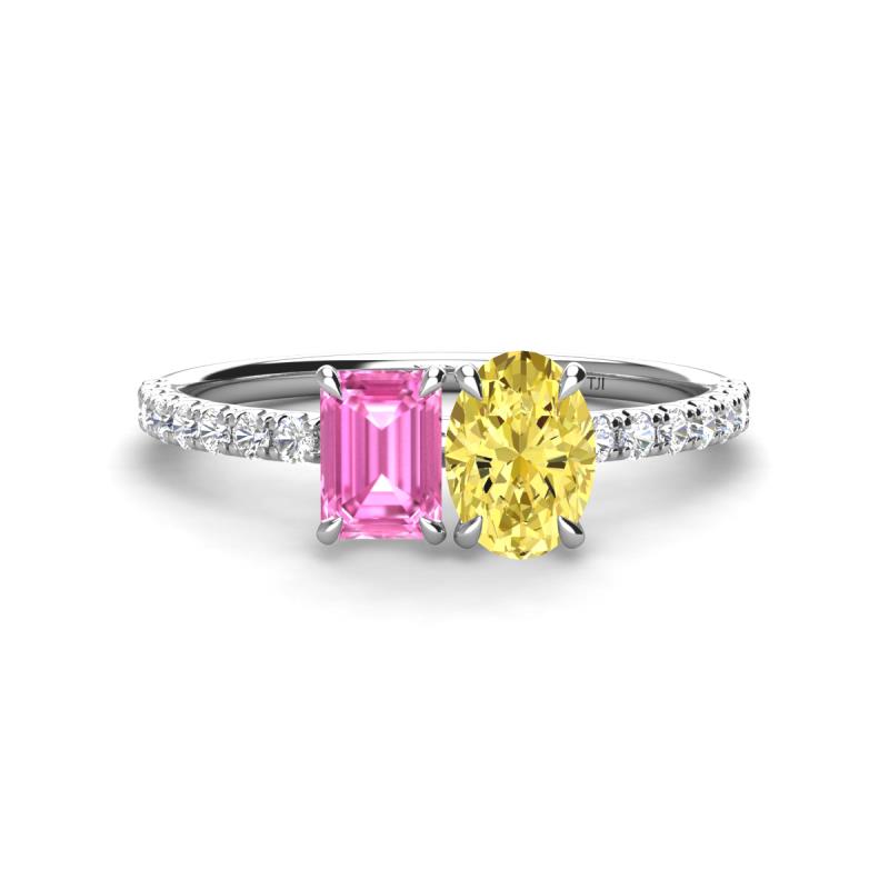 Galina 7x5 mm Emerald Cut Pink Sapphire and 8x6 mm Oval Yellow Sapphire 2 Stone Duo Ring 