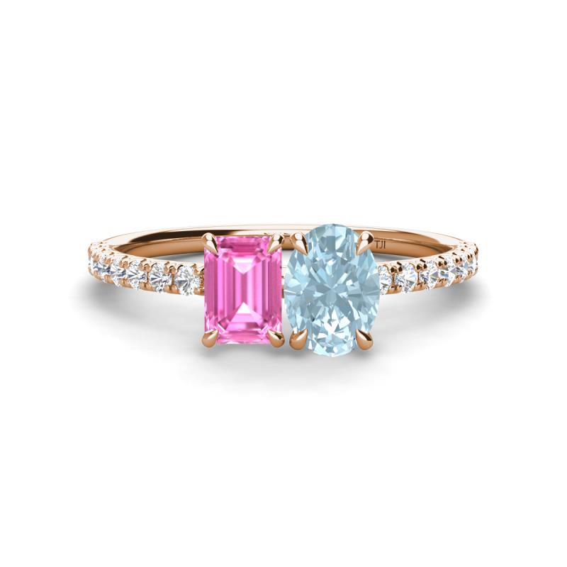 Galina 7x5 mm Emerald Cut Pink Sapphire and 8x6 mm Oval Aquamarine 2 Stone Duo Ring 