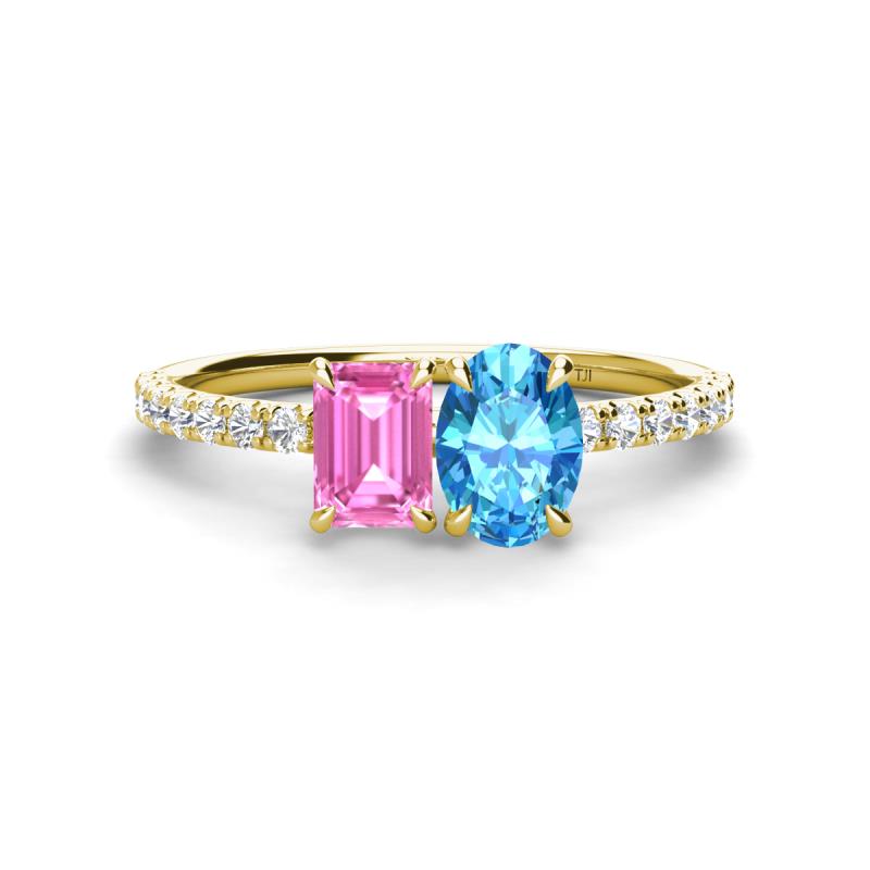 Galina 7x5 mm Emerald Cut Pink Sapphire and 8x6 mm Oval Blue Topaz 2 Stone Duo Ring 