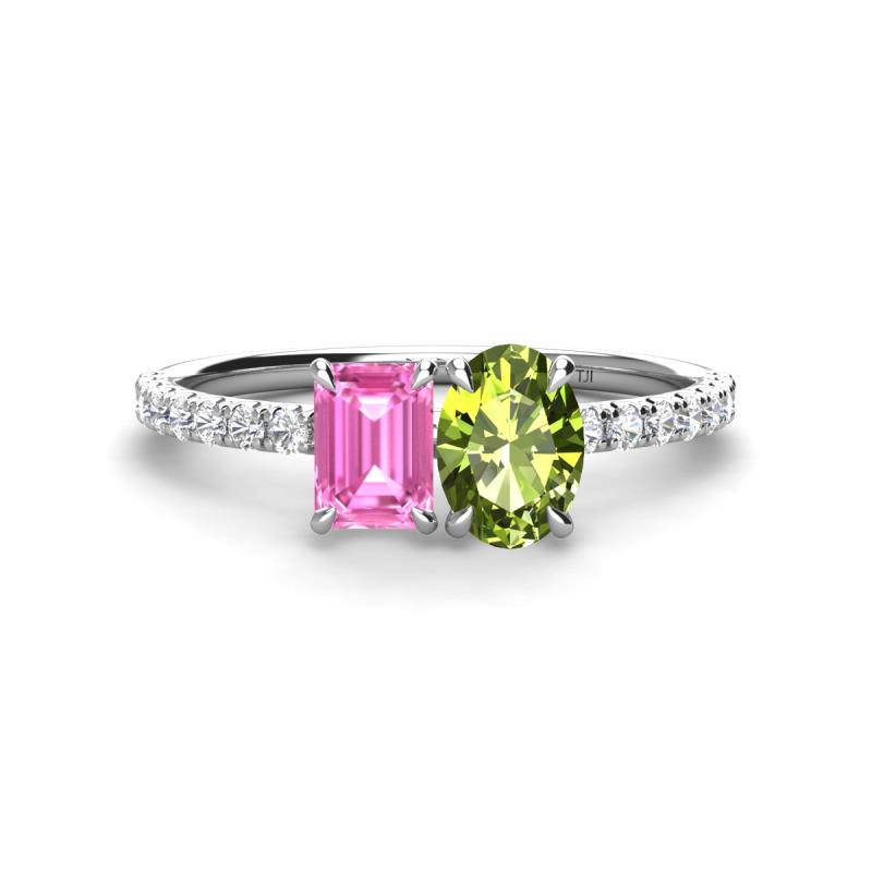 Galina 7x5 mm Emerald Cut Pink Sapphire and 8x6 mm Oval Peridot 2 Stone Duo Ring 