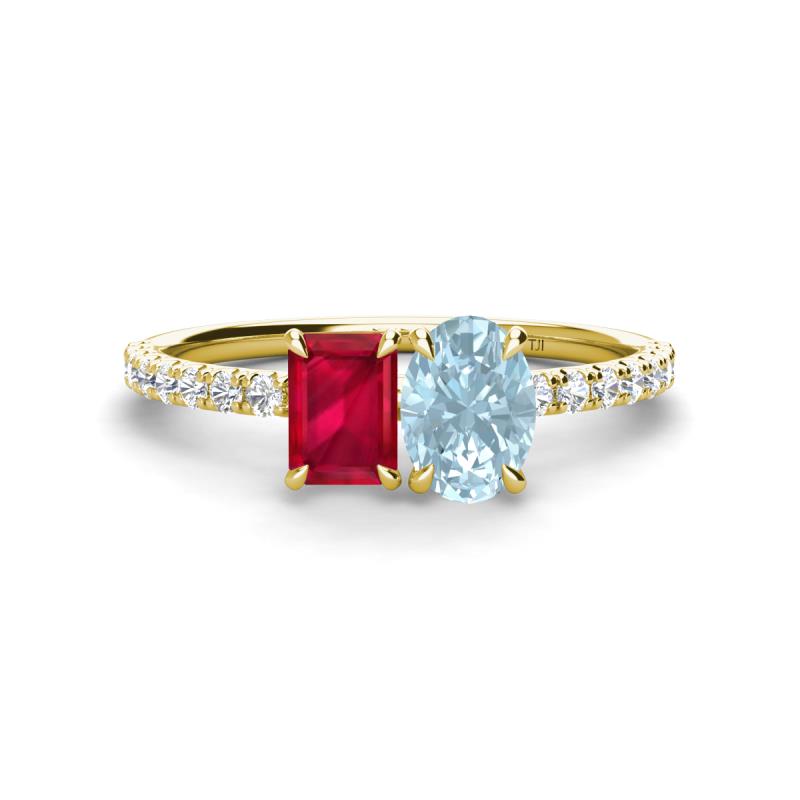 Galina 7x5 mm Emerald Cut Ruby and 8x6 mm Oval Aquamarine 2 Stone Duo Ring 