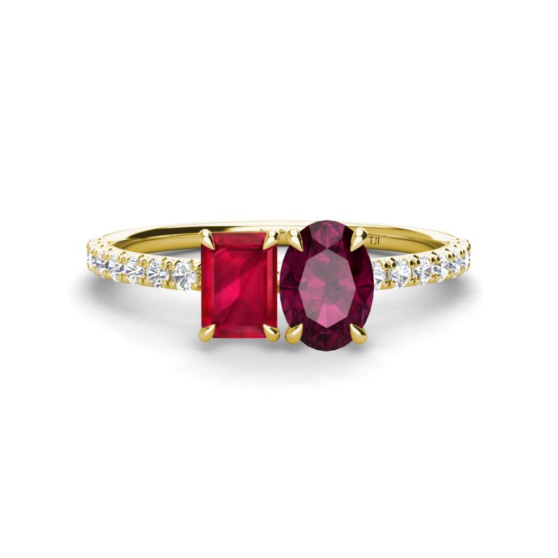 Galina 7x5 mm Emerald Cut Ruby and 8x6 mm Oval Rhodolite Garnet 2 Stone Duo Ring 