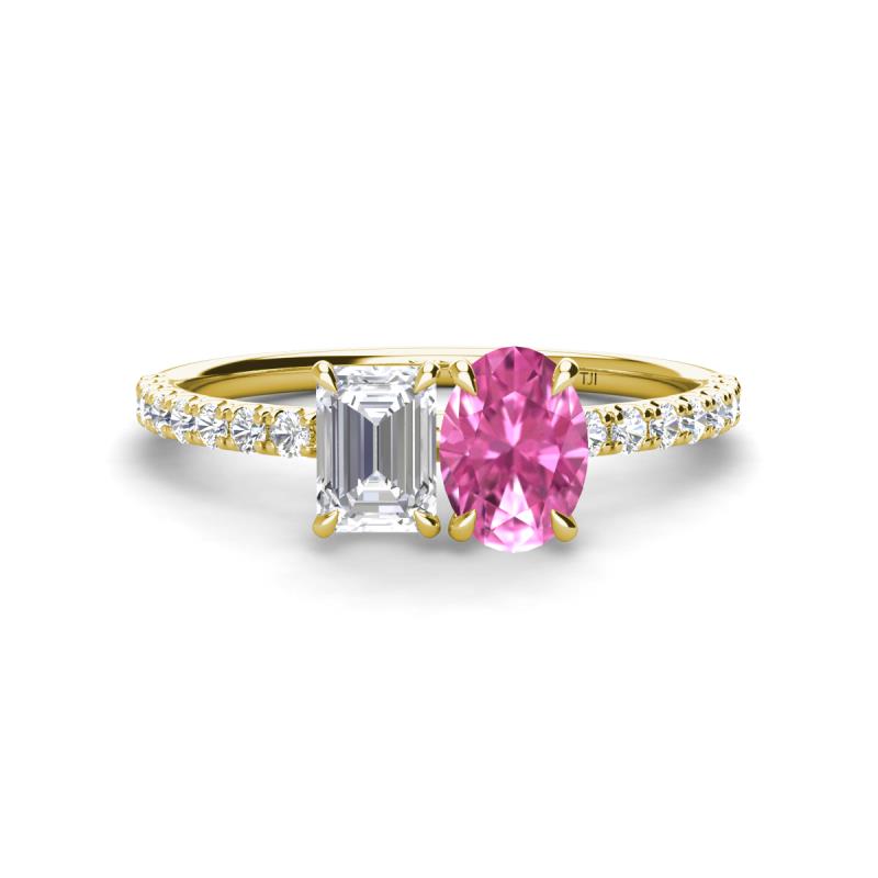 Galina 7x5 mm Emerald Cut White Sapphire and 8x6 mm Oval Pink Sapphire 2 Stone Duo Ring 