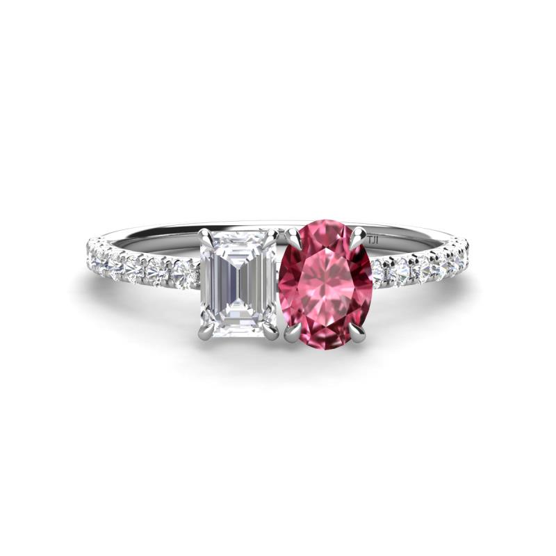 Galina 7x5 mm Emerald Cut White Sapphire and 8x6 mm Oval Pink Tourmaline 2 Stone Duo Ring 