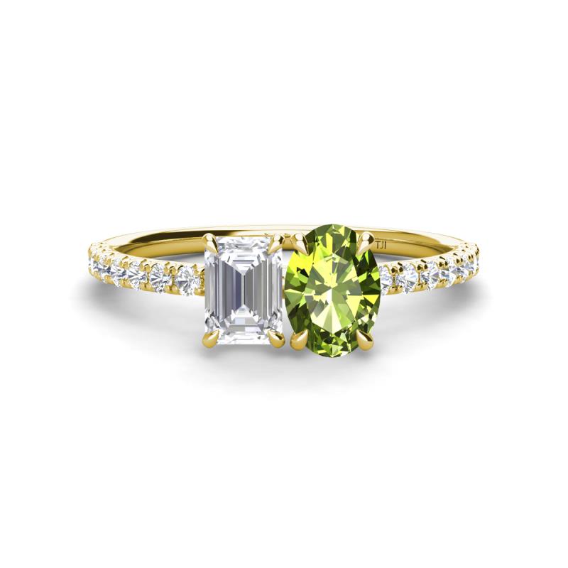 Galina 7x5 mm Emerald Cut White Sapphire and 8x6 mm Oval Peridot 2 Stone Duo Ring 