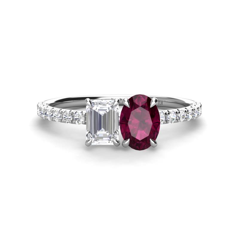Galina 7x5 mm Emerald Cut White Sapphire and 8x6 mm Oval Rhodolite Garnet 2 Stone Duo Ring 