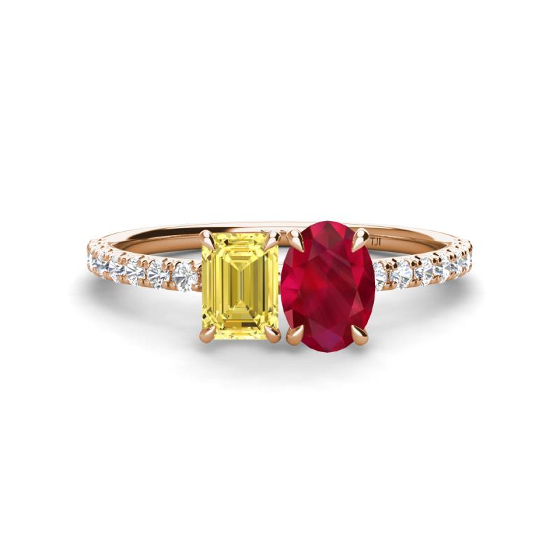Galina 7x5 mm Emerald Cut Yellow Sapphire and 8x6 mm Oval Ruby 2 Stone Duo Ring 