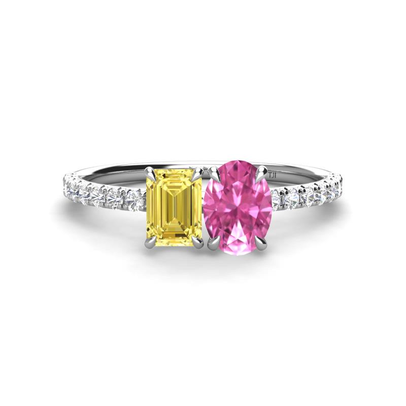 Galina 7x5 mm Emerald Cut Yellow Sapphire and 8x6 mm Oval Pink Sapphire 2 Stone Duo Ring 