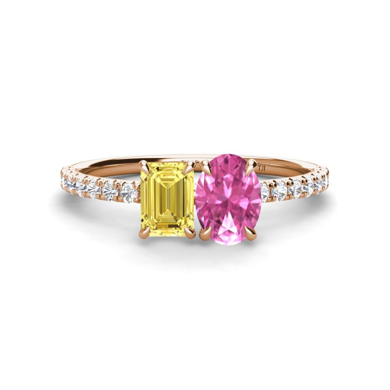 Galina 7x5 mm Emerald Cut Yellow Sapphire and 8x6 mm Oval Pink Sapphire 2 Stone Duo Ring 