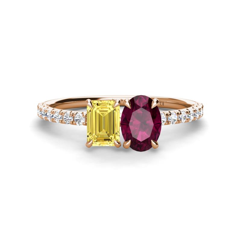 Galina 7x5 mm Emerald Cut Yellow Sapphire and 8x6 mm Oval Rhodolite Garnet 2 Stone Duo Ring 