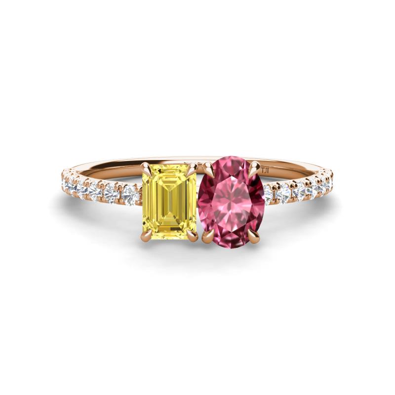 Galina 7x5 mm Emerald Cut Yellow Sapphire and 8x6 mm Oval Pink Tourmaline 2 Stone Duo Ring 