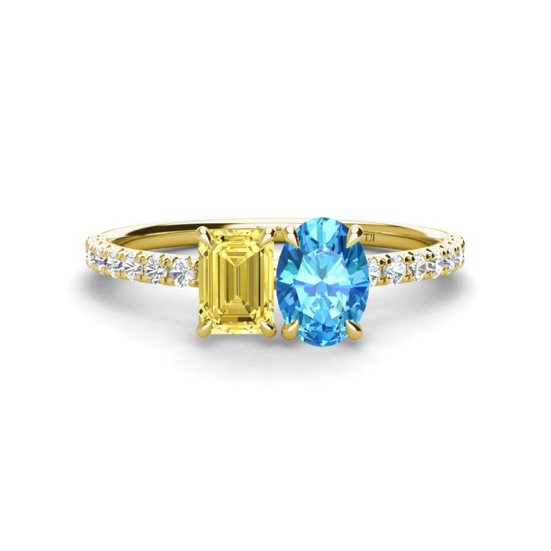 Galina 7x5 mm Emerald Cut Yellow Sapphire and 8x6 mm Oval Blue Topaz 2 Stone Duo Ring 
