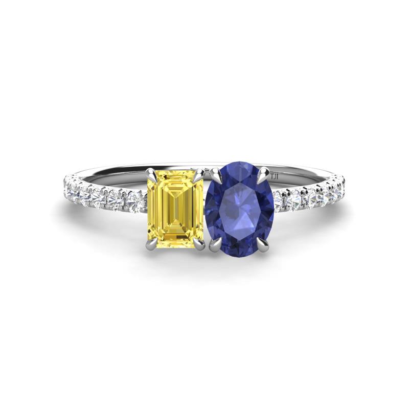 Galina 7x5 mm Emerald Cut Yellow Sapphire and 8x6 mm Oval Iolite 2 Stone Duo Ring 