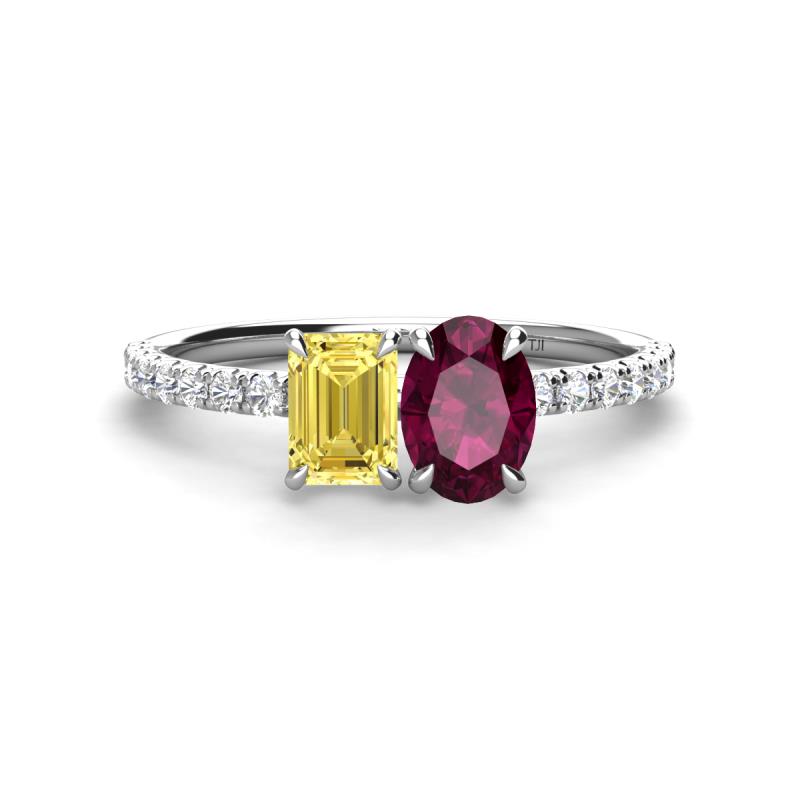 Galina 7x5 mm Emerald Cut Yellow Sapphire and 8x6 mm Oval Rhodolite Garnet 2 Stone Duo Ring 