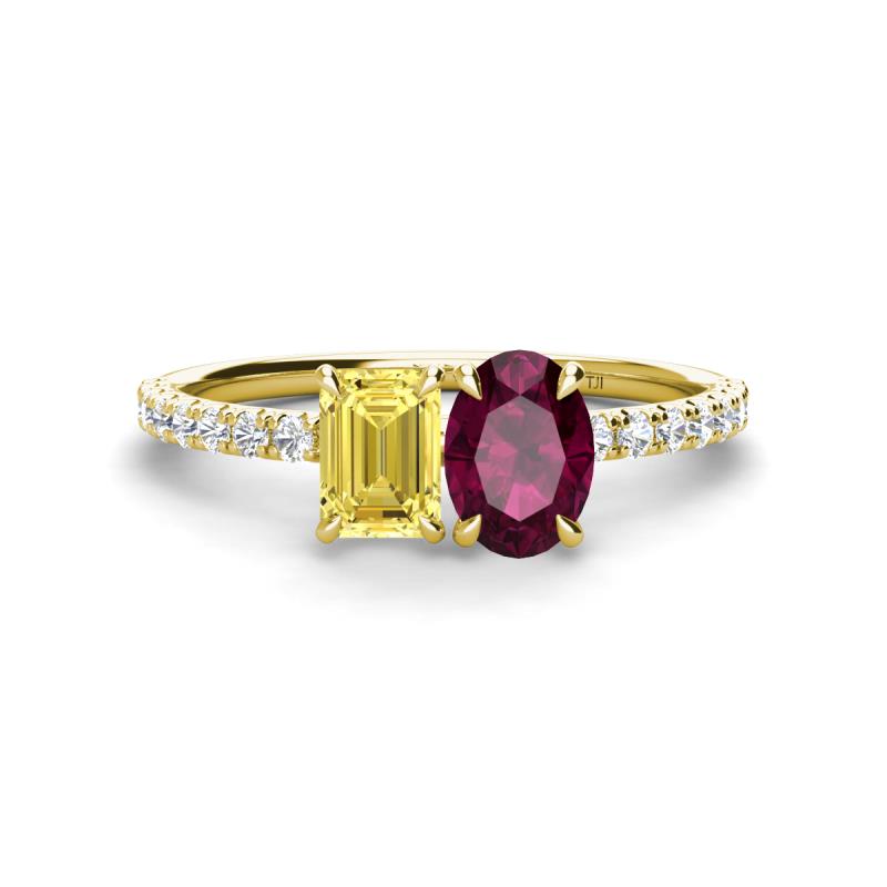 Galina 7x5 mm Emerald Cut Yellow Sapphire and 8x6 mm Oval Rhodolite Garnet 2 Stone Duo Ring 