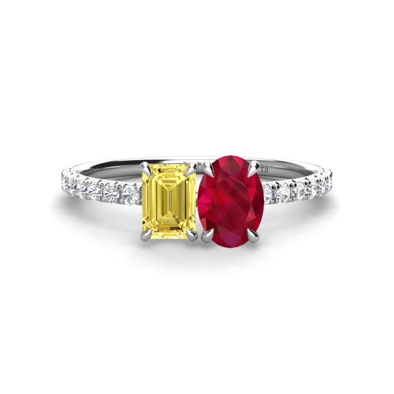 Galina 7x5 mm Emerald Cut Yellow Sapphire and 8x6 mm Oval Ruby 2 Stone Duo Ring 