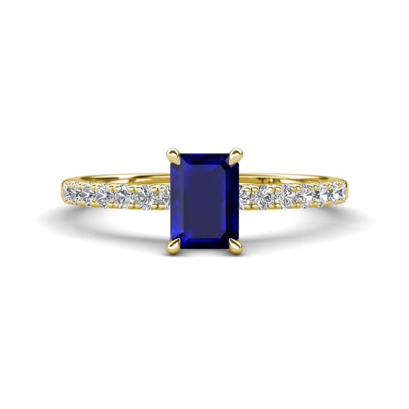 Aurin 7x5 mm Emerald Cut Blue Sapphire and Round Diamond Engagement Ring 