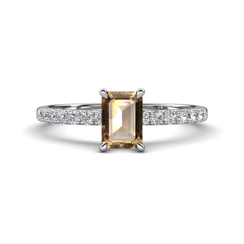 Aurin 7x5 mm Emerald Cut Smoky Quartz and Round Diamond Engagement Ring 