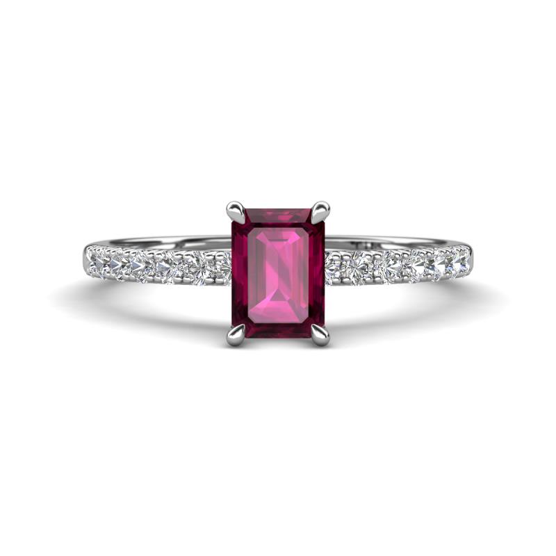 Aurin 7x5 mm Emerald Cut Rhodolite Garnet and Round Diamond Engagement Ring 