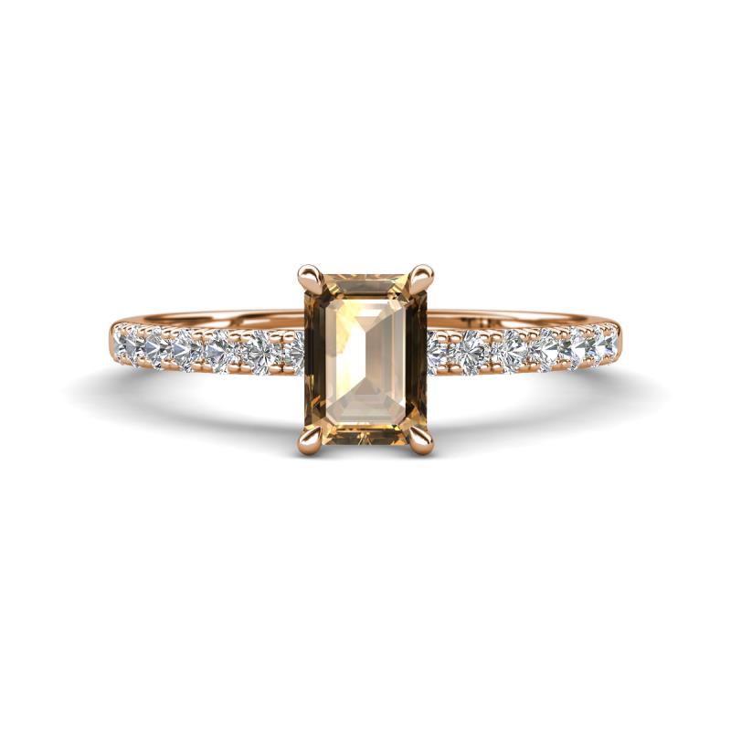 Aurin 7x5 mm Emerald Cut Smoky Quartz and Round Diamond Engagement Ring 