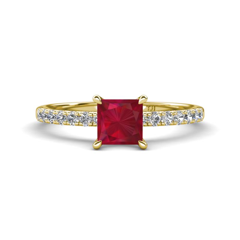 Aurin 6.00 mm Princess Lab Created Ruby and Diamond Engagement Ring 