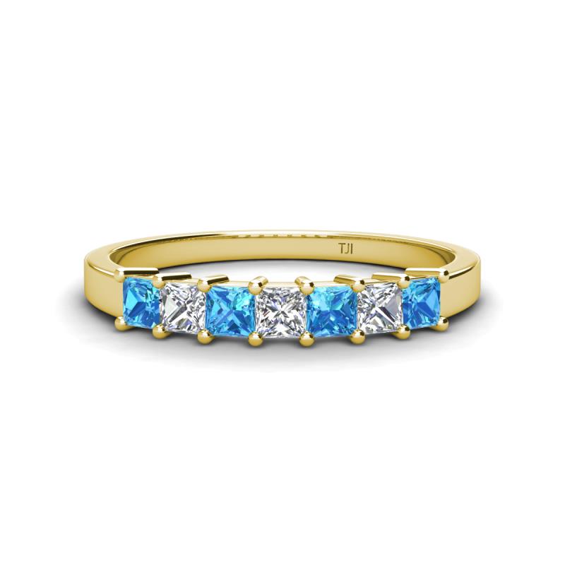 Erica 3.00 mm Princess Cut Blue Topaz and Lab Grown Diamond 7 Stone Wedding Band 