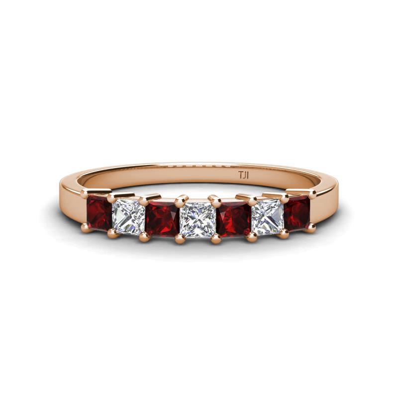 Erica 3.00 mm Princess Cut Red Garnet and Lab Grown Diamond 7 Stone Wedding Band 