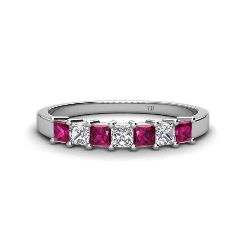 Erica 3.00 mm Princess Cut Rhodolite Garnet and Lab Grown Diamond 7 Stone Wedding Band 