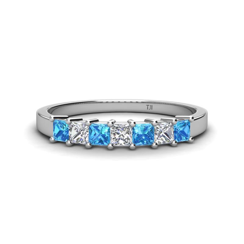Erica 3.00 mm Princess Cut Blue Topaz and Lab Grown Diamond 7 Stone Wedding Band 