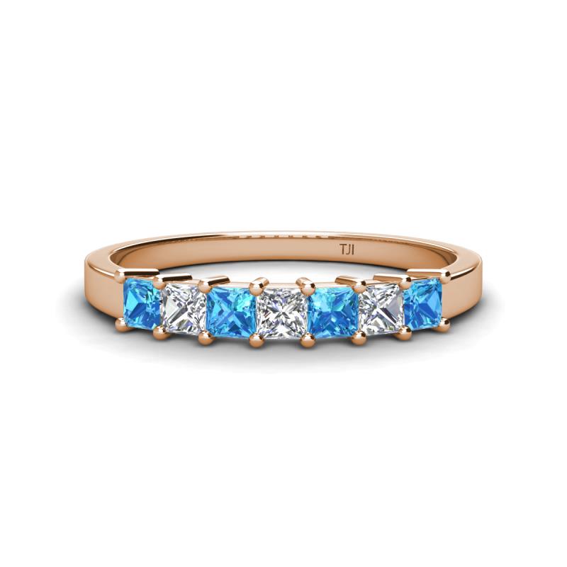 Erica 3.00 mm Princess Cut Blue Topaz and Lab Grown Diamond 7 Stone Wedding Band 