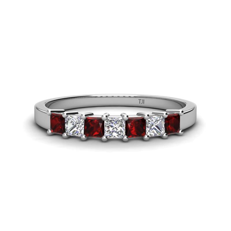 Erica 3.00 mm Princess Cut Red Garnet and Lab Grown Diamond 7 Stone Wedding Band 
