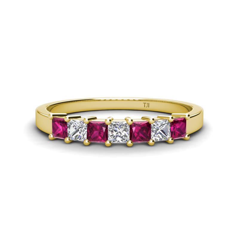 Erica 3.00 mm Princess Cut Rhodolite Garnet and Lab Grown Diamond 7 Stone Wedding Band 