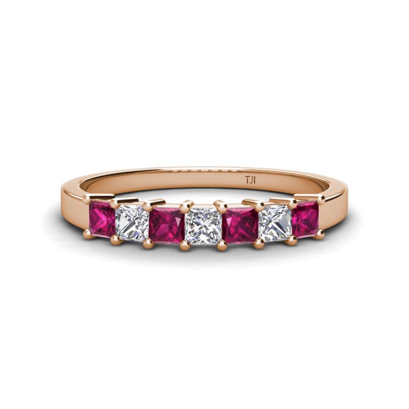 Erica 3.00 mm Princess Cut Rhodolite Garnet and Lab Grown Diamond 7 Stone Wedding Band 