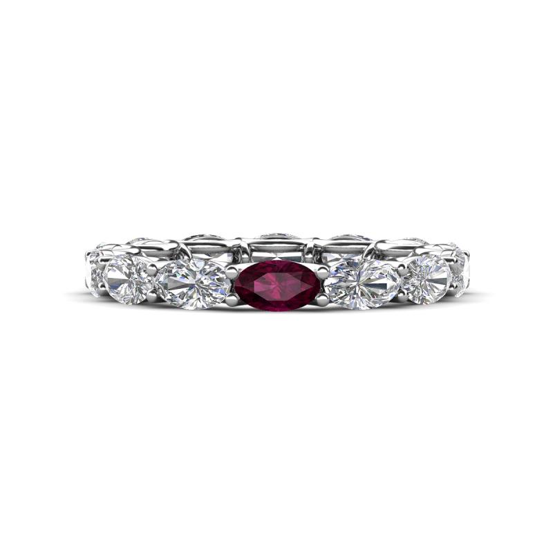 Madison 5x3 mm Oval Forever One Moissanite and Rhodolite Garnet Eternity Band 