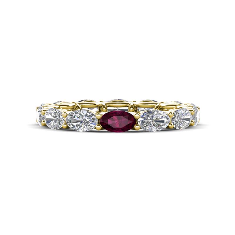 Madison 5x3 mm Oval Forever One Moissanite and Rhodolite Garnet Eternity Band 