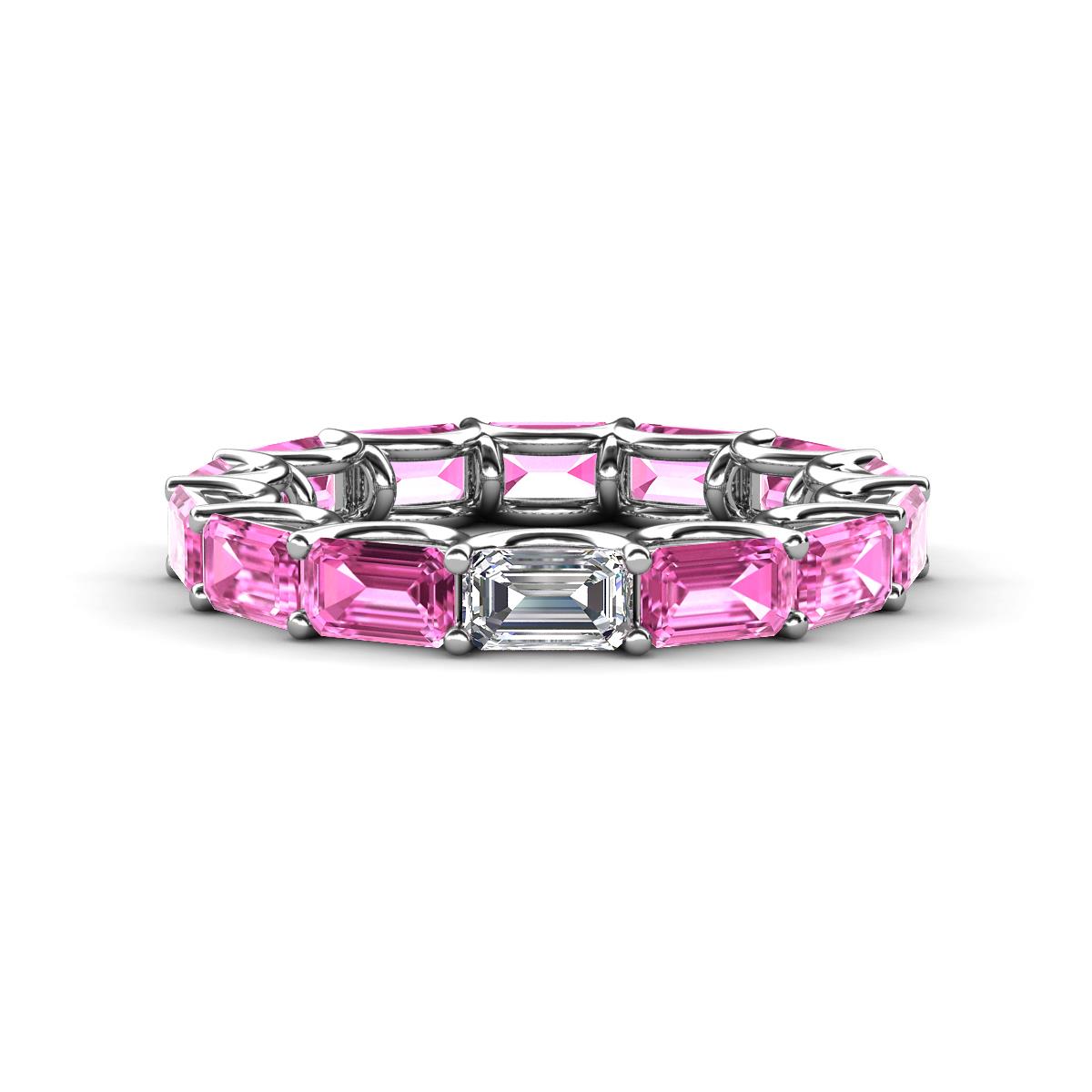 Beverly 5x3 mm Emerald Cut Forever Brilliant Moissanite and Pink Sapphire Eternity Band 