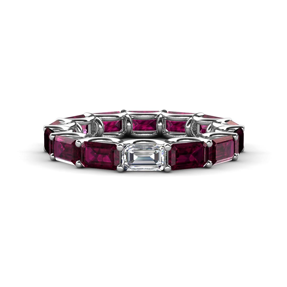Beverly 5x3 mm Emerald Cut Forever Brilliant Moissanite and Rhodolite Garnet Eternity Band 