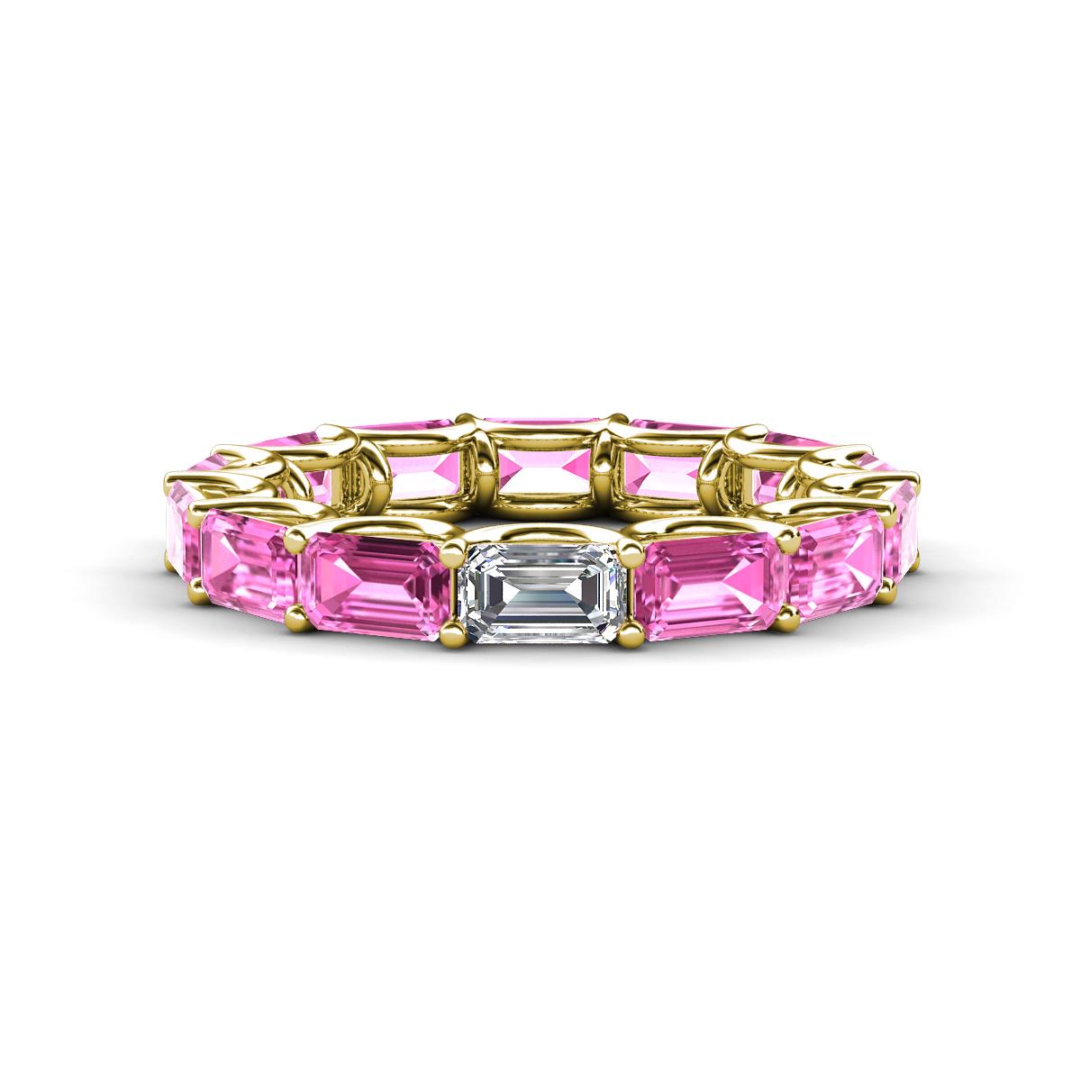 Beverly 5x3 mm Emerald Cut Forever One Moissanite and Pink Sapphire Eternity Band 