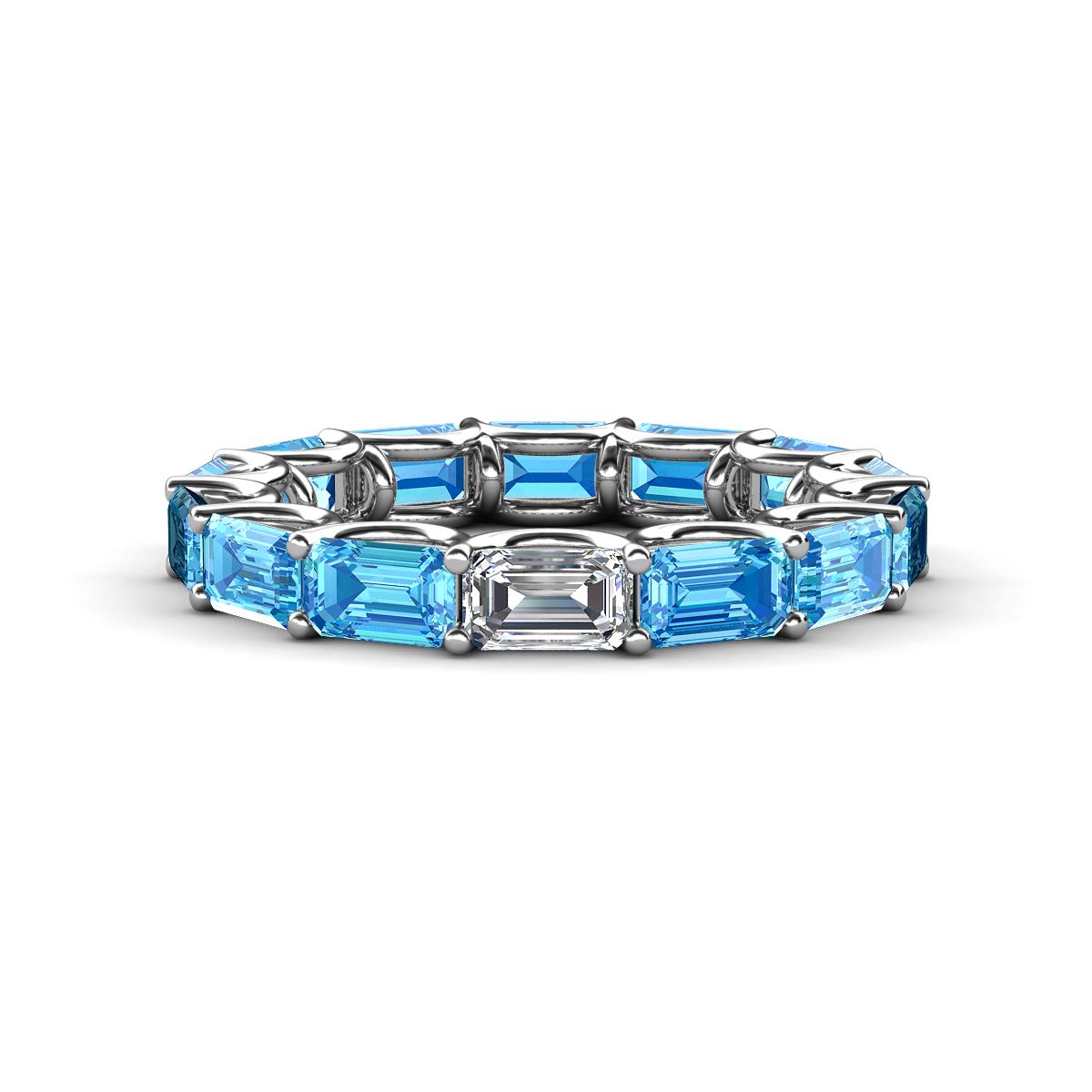 Beverly 5x3 mm Emerald Cut Forever One Moissanite and Blue Topaz Eternity Band 