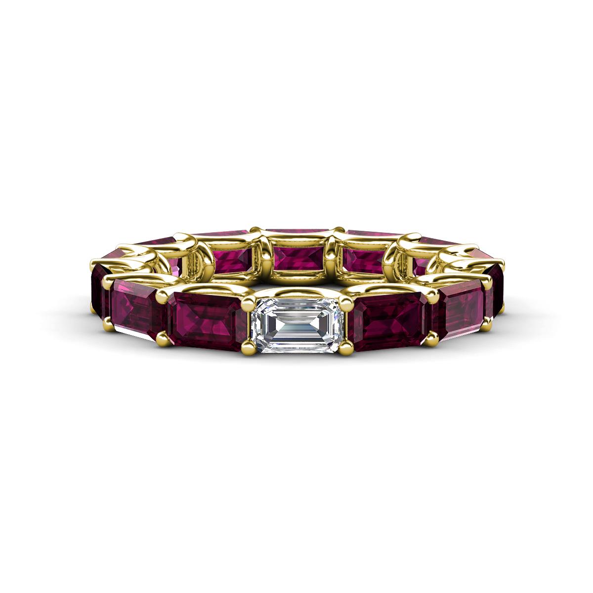 Beverly 5x3 mm Emerald Cut Forever One Moissanite and Rhodolite Garnet Eternity Band 