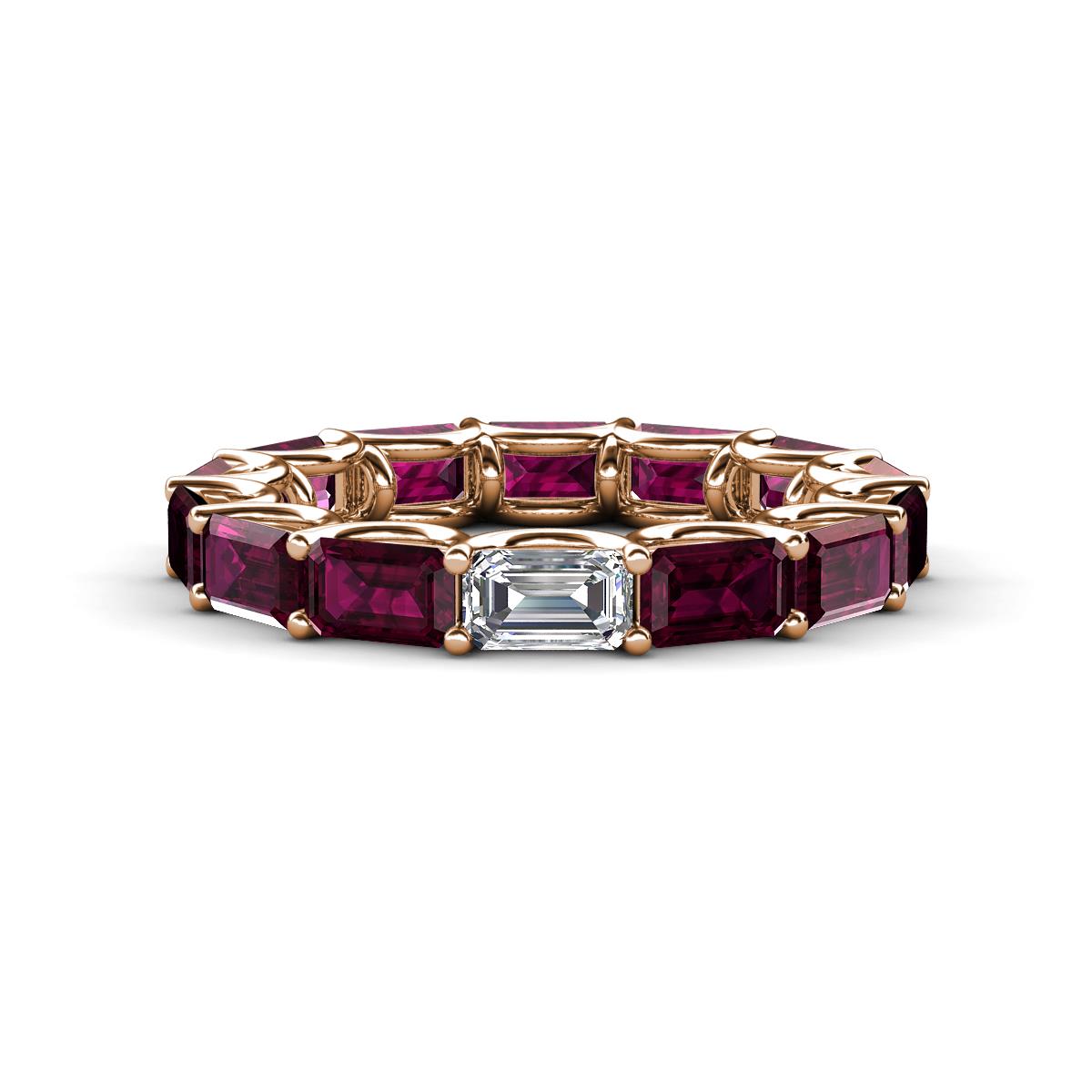 Beverly 5x3 mm Emerald Cut Forever One Moissanite and Rhodolite Garnet Eternity Band 