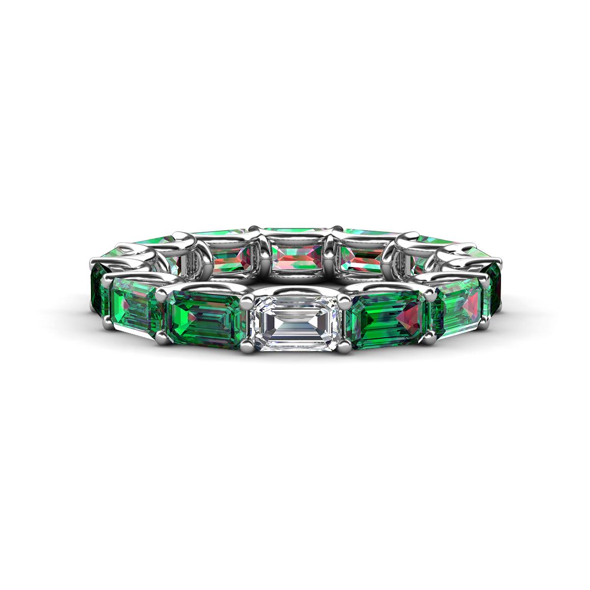 Beverly 5x3 mm Emerald Cut Forever Brilliant Moissanite and Lab Created Alexandrite Eternity Band 