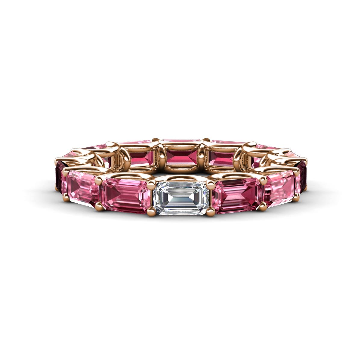 Beverly 5x3 mm Emerald Cut Forever Brilliant Moissanite and Pink Tourmaline Eternity Band 