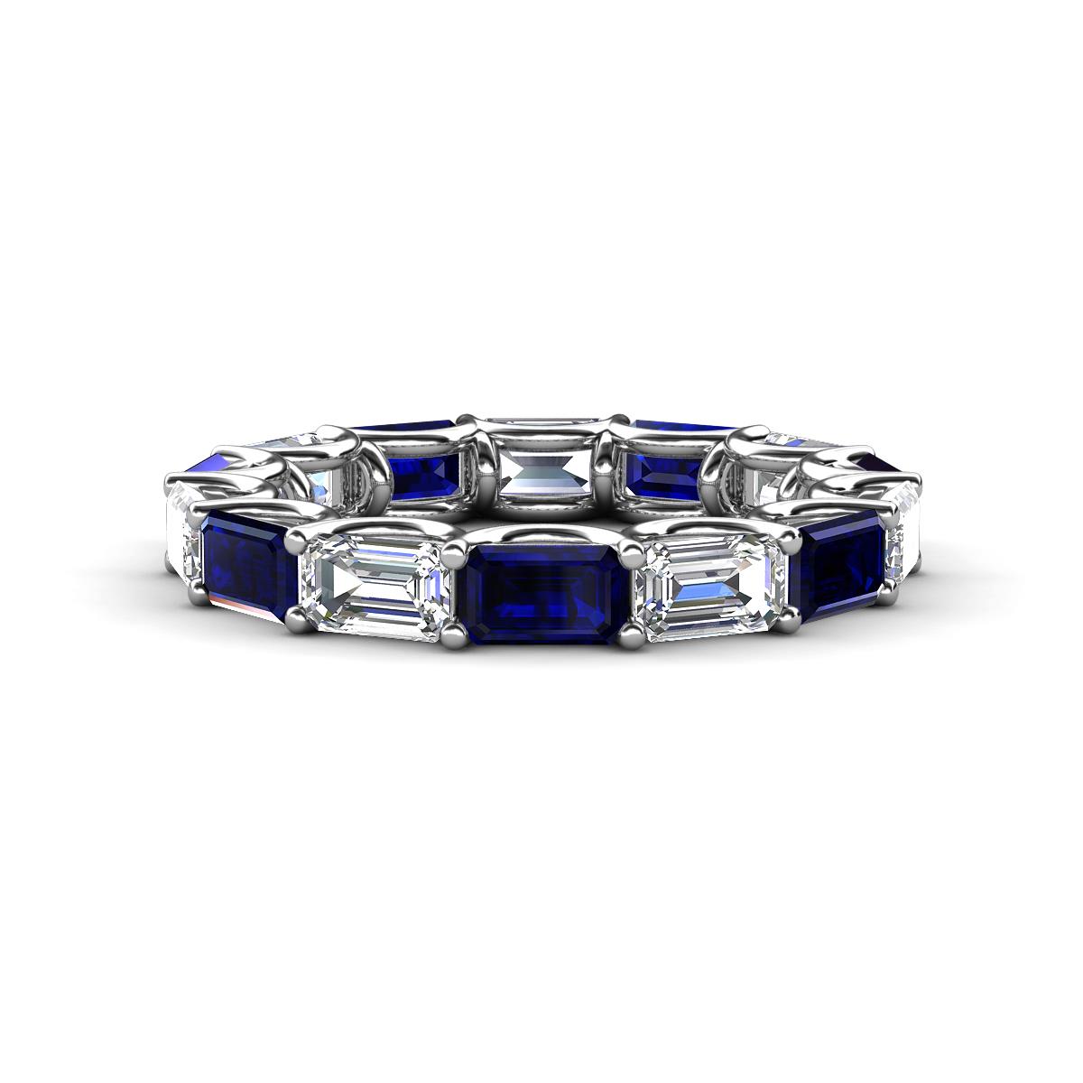 Beverly 5x3 mm Emerald Cut Forever Brilliant Moissanite and Blue Sapphire Eternity Band 