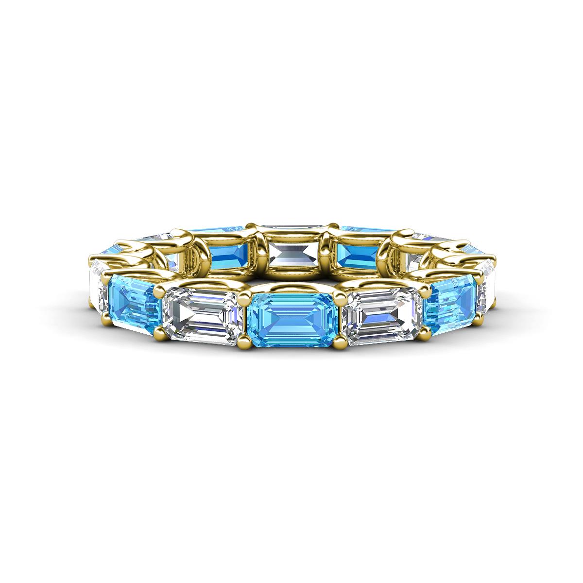 Beverly 5x3 mm Emerald Cut Forever Brilliant Moissanite and Blue Topaz Eternity Band 