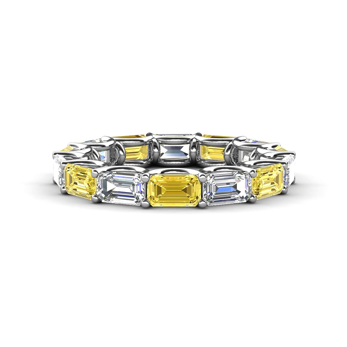 Beverly 5x3 mm Emerald Cut Forever Brilliant Moissanite and Yellow Sapphire Eternity Band 
